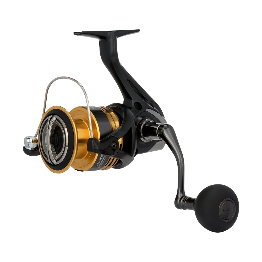 The Shimano Sahara FJ Spinning Reel 5000XGFJ by Shimano showcases a stylish black and gold design with metallic accents, a right-side crank handle, and HAGANE Gear, making it ideal for your fishing rod.