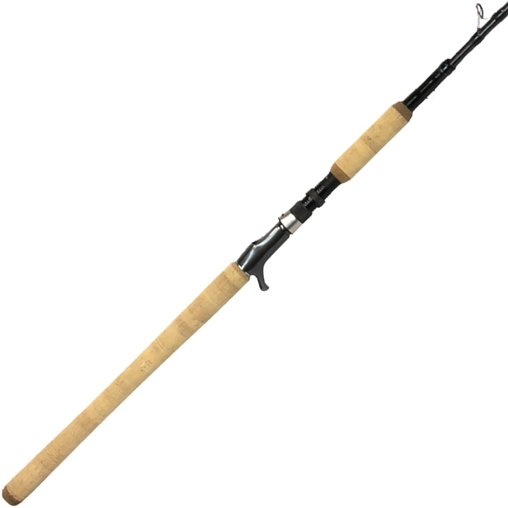 The Shimano Skixx Muskie 8'0" Extra Heavy Casting Rod (SKC80XH) by Shimano is shown angled on a white background, highlighting its advanced Spiral X technology, cork handle, and black reel seat.