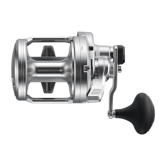 The Shimano SpeedMaster 25II 2 Speed Conventional Reel (SPM25II) features a sleek open-frame design and HAGANE Body. With a cylindrical spool and black handle for precision, it offers versatility with its 5.2:1/2.3:1 mechanism, all against a plain white background exuding modern elegance.