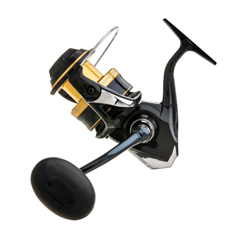 A close-up of the Shimano Spheros SW 8000HGA 5.6:1 Spinning Reel (SPSW8000HGA) shows its black and gold design, large handle, Infinity Drive tech, and sleek metallic build, isolated on a white background.