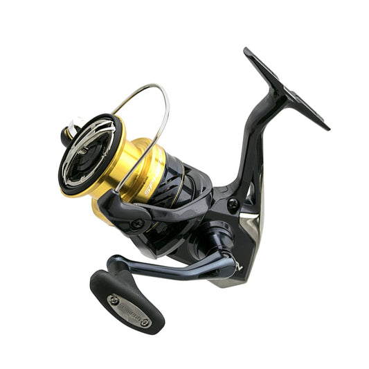 A Shimano Spheros SW 3000XG 6.2:1 Spinning Reel (SP3000XGSW), black and gold with a curved ergonomic handle and waterproof Cross Carbon Drag, is displayed at an angle on a plain white background.