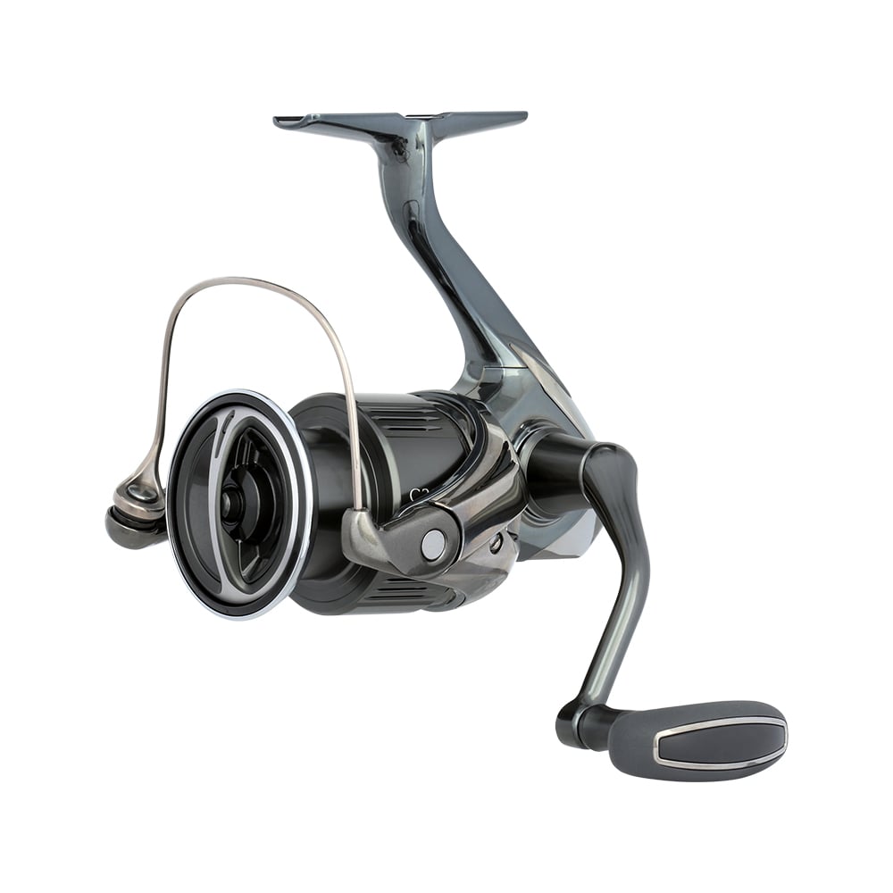 A close-up of the Shimano Stella FK Spinning Reel 3000XGFK (STLC3000XGFK) by Shimano, showcasing its sleek metallic gray design and InfinityDrive technology. The handle, spool, and bail arm are visible against a white background.