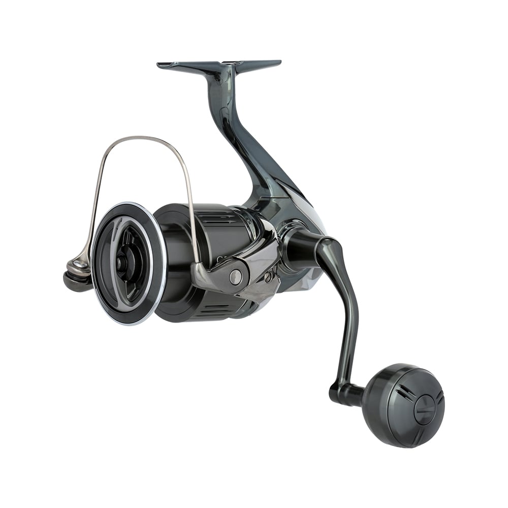 The Shimano Stella FK Spinning Reel 5000XGFK (STLC5000XGFK) by Shimano, in black and silver with a curved handle and round grip, is photographed on a white background, highlighting advanced Shimano reel technology.