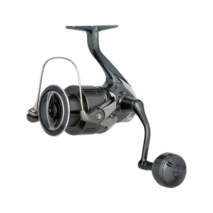 The Shimano Stella FK Spinning Reel 5000XGFK (STLC5000XGFK) by Shimano, in black and silver with a curved handle and round grip, is photographed on a white background, highlighting advanced Shimano reel technology.
