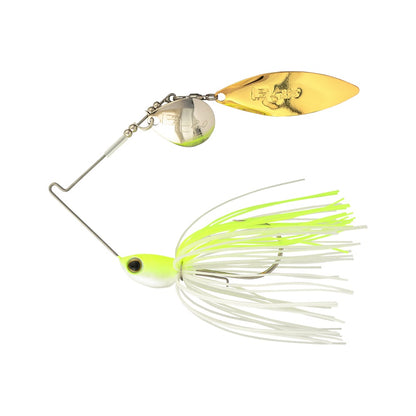 The Shimano Swagy Spinnerbait Colorado Willow by Shimano features a white and yellow skirt, silver and gold blades, a painted fish-eye head, and a tapered-wire design for maximum vibration, shown on a white background.