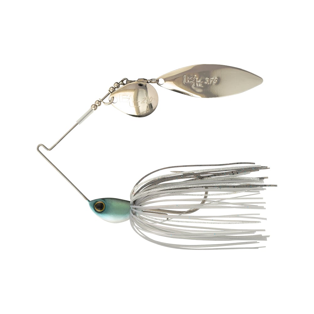 The Shimano Swagy Spinnerbait Colorado Willow features two metal blades and a skirt of white and silver strands, with a tapered-wire design for maximum vibration.