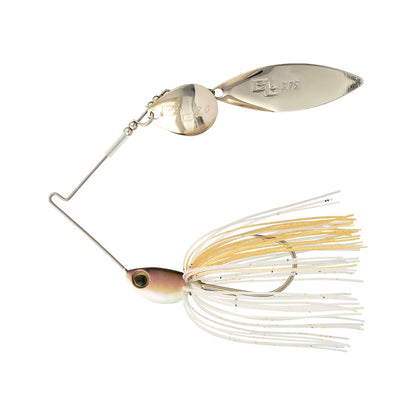The Shimano Swagy Spinnerbait Colorado Willow by Shimano features a tapered-wire design for top vibration, two silver blades (Colorado and Willow), a painted fish-shaped head, and a skirt of white and gold strands.