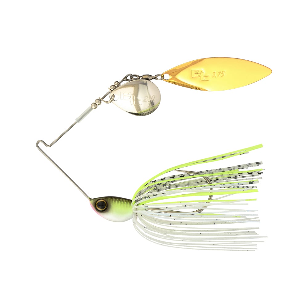The Shimano Swagy Spinnerbait Colorado Willow features a painted fish head, green and white skirt, gold and silver metal blades, and a tapered-wire design for maximum vibration on every retrieve.