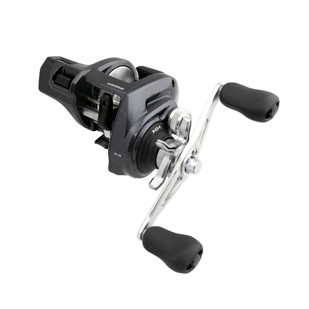 The Shimano Tekota 301HGLCA 6.6:1 Line Counter Left Hand Casting Reel by Shimano features a compact black and silver design with dual handles and a convenient line counter, shown on a white background.