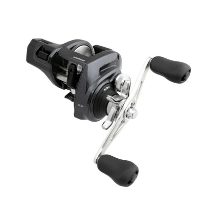 The Shimano Tekota 301HGLCA 6.6:1 Line Counter Left Hand Casting Reel by Shimano features a compact black and silver design with dual handles and a convenient line counter, shown on a white background.