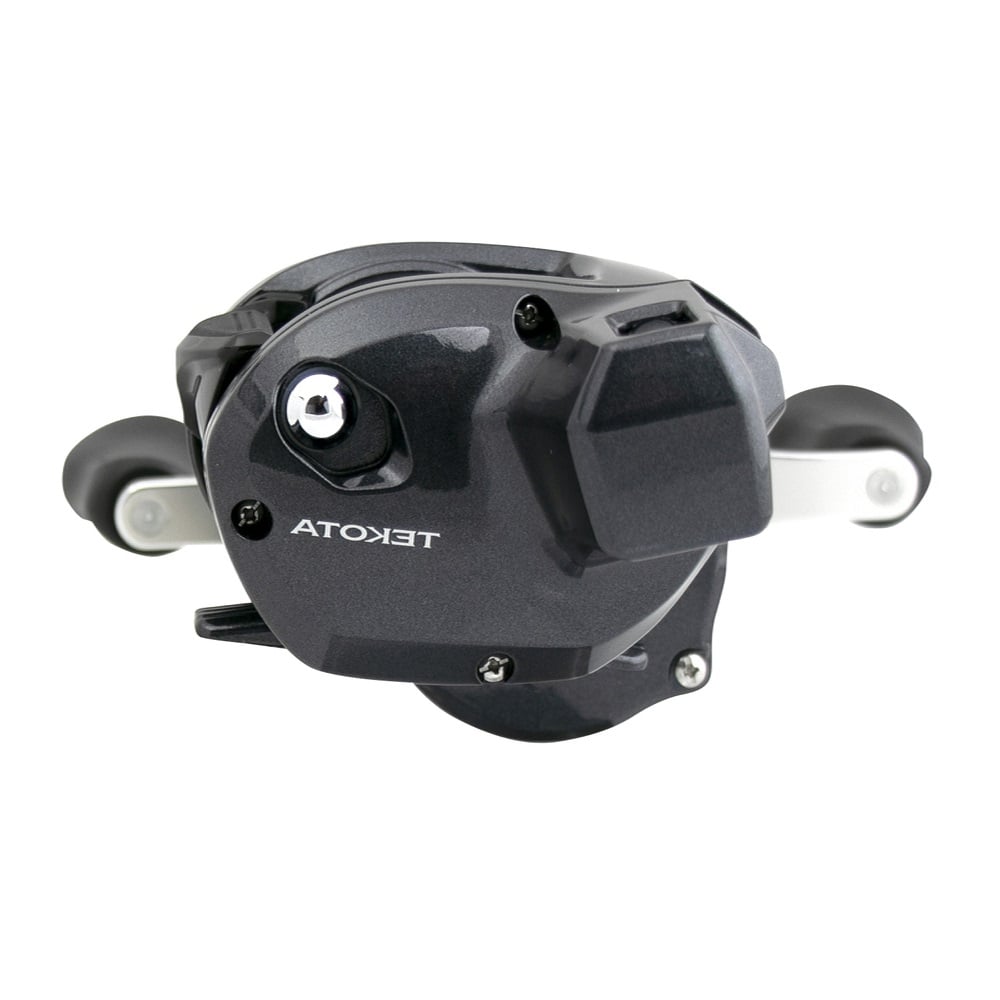 A Shimano Tekota 301HGLCA left hand casting reel with 6.6:1 ratio, dual handles, silver accents, and "TEKOTA" branding is pictured on a white background.