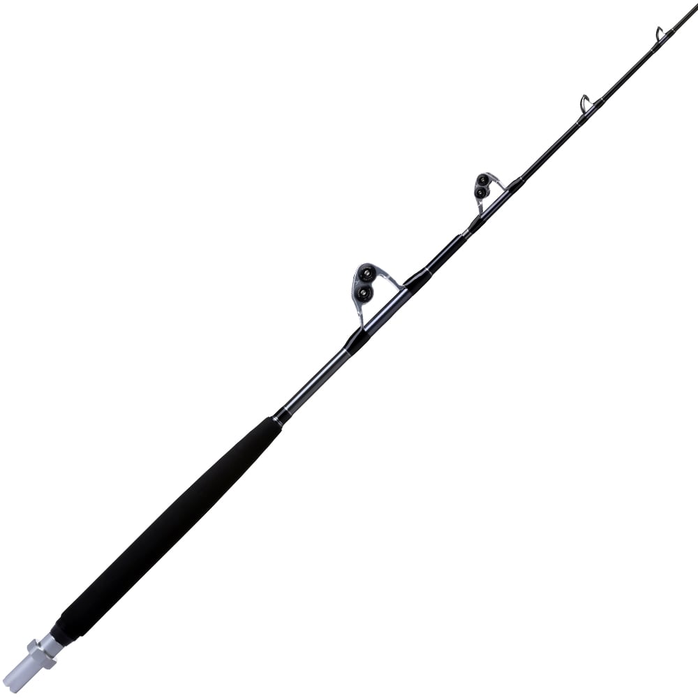 The Shimano Terez BW Roller Stripper Uni Butt 67" XXH (TZBWC67XXHUBA) is a black offshore rod with metal guides and a foam handle, ideal for high-speed trolling, shown against a white background.