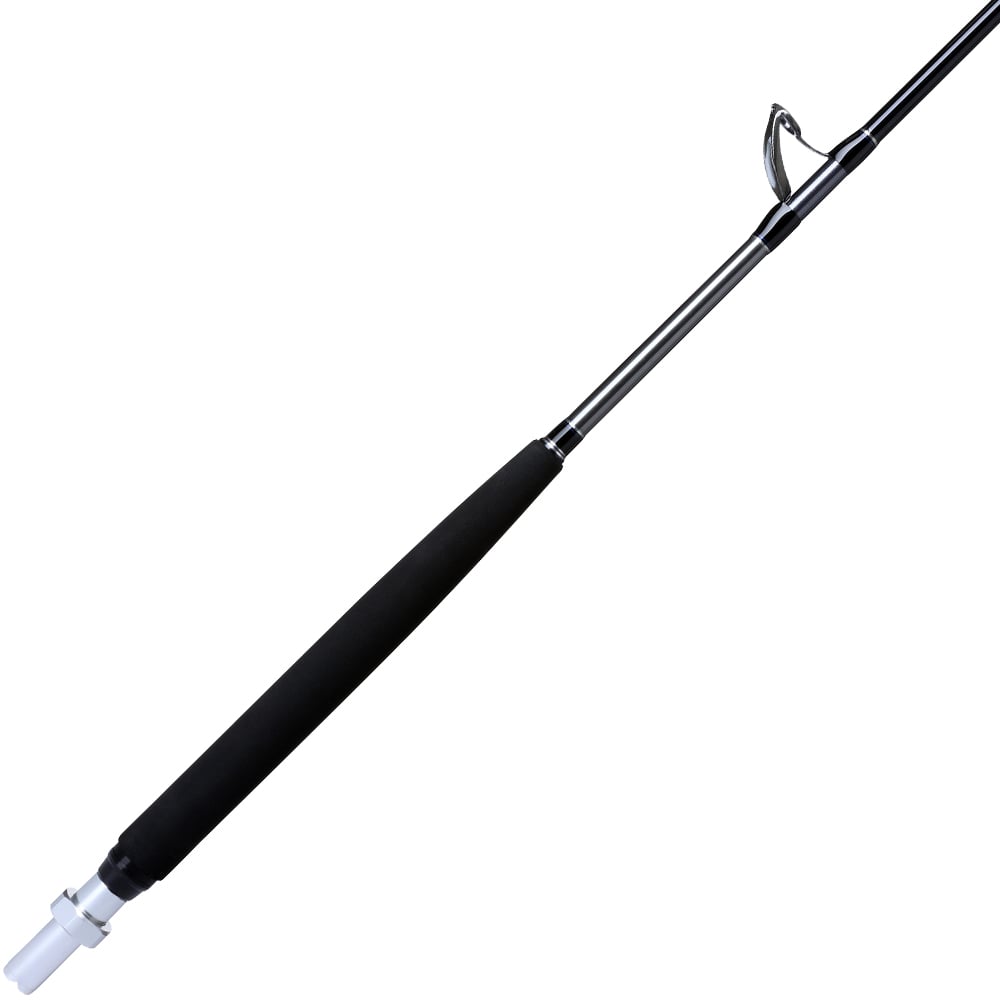 The Shimano Terez BW Swordfish Rod 76" Heavy (TZBWSF76HA), shown at an angle on a white background, features a black and silver design with a foam handle and is made for offshore fishing.