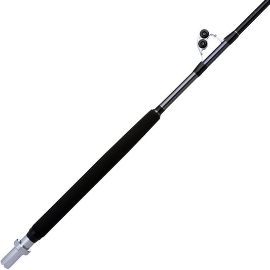 A close-up of the Shimano Terez BW Full Roller Uni Butt Rod 78" Medium Heavy (TZBW78MHFRUBA) with a black handle, silver reel seat, and line guides, angled diagonally—ideal for offshore fishing enthusiasts.