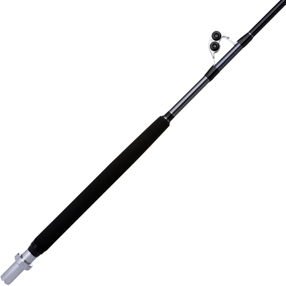 A close-up of the Shimano Terez BW Full Roller Uni Butt Rod 78" Heavy shows its black finish, padded handle, silver reel seat, and two visible line guides.