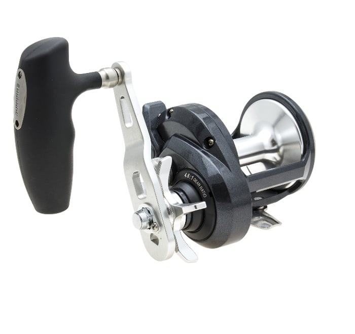 A close-up of the Shimano Torium 20PGA Star Drag Fishing Reel (TOR20PGA) by Shimano highlights its silver and black design, ergonomic handle, and spool—ideal for saltwater live bait fishing. Set against a white background.