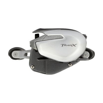 A close-up of the Shimano Tranx 150A Casting Reel 7.2:1 Right Hand (TRX150HGA) by Shimano highlights its compact side profile—ideal for saltwater fishing—against a white background.