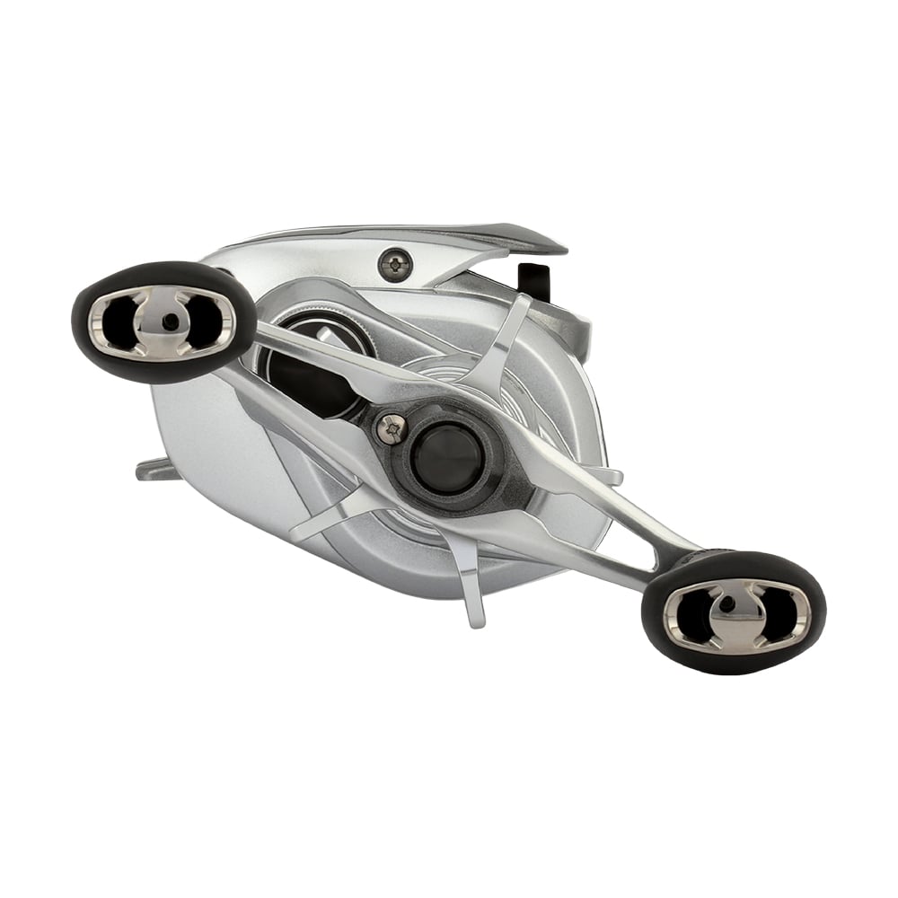 The Shimano Tranx 150A Casting Reel 7.2:1 Right Hand (TRX150HGA) by Shimano is shown angled on a white background, displaying its dual handle grips and sleek silver and black design, ideal for saltwater fishing.