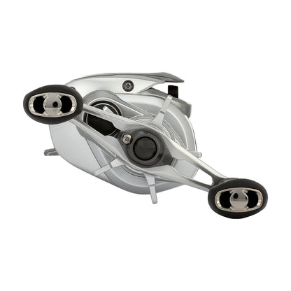 The Shimano Tranx 150A Casting Reel 7.2:1 Right Hand (TRX150HGA) by Shimano is shown angled on a white background, displaying its dual handle grips and sleek silver and black design, ideal for saltwater fishing.