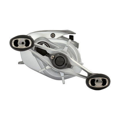 The Shimano Tranx 150A Casting Reel 7.2:1 Left Hand (TRX151HGA) by Shimano features a sleek silver finish, two black handles, and modern metallic accents—perfect for saltwater fishing. Viewed from the side against a white background.
