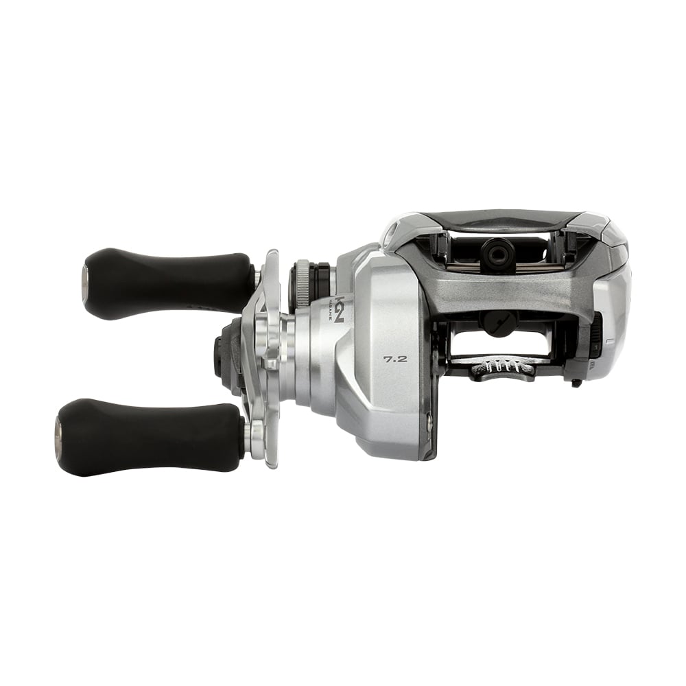 The Shimano Tranx 150A Casting Reel 7.2:1 Left Hand (TRX151HGA) by Shimano is shown from a side angle on a white background, featuring black rubber grip handles, two adjustment dials, and a visible spool.