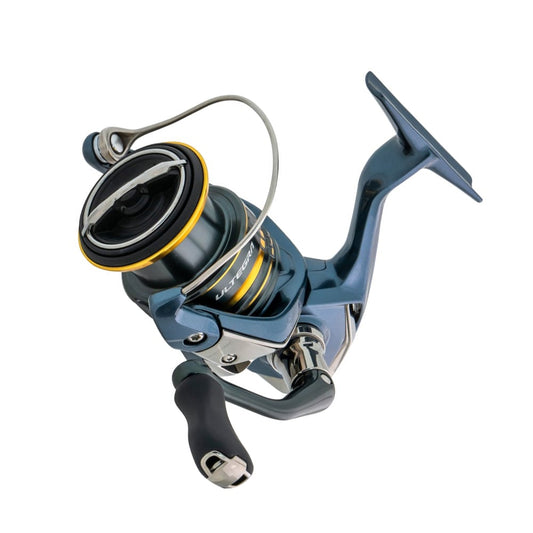 The Shimano Ultegra Spinning Reel 5000XGFC (6.2:1) features X-Protect technology, a black handle, yellow accents, and a blue and silver finish, shown isolated on a white background.