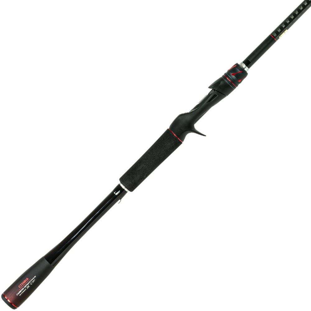 The Shimano Zodias 7'2" Medium Heavy 5 Piece Travel Casting Rod | ZDPC72MH5, features a foam handle, black design, and red accents on a white background. Its sleek construction includes a baitcasting reel seat and Hi-Power X technology for enhanced performance.