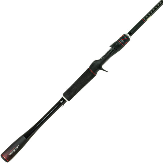 The Shimano Zodias 7'6" Medium Casting Rod (ZDC76MA) is a sleek black rod with red accents, featuring a split grip handle and baitcasting reel seat. It boasts Hi-Power X technology for modern design and enhanced performance.