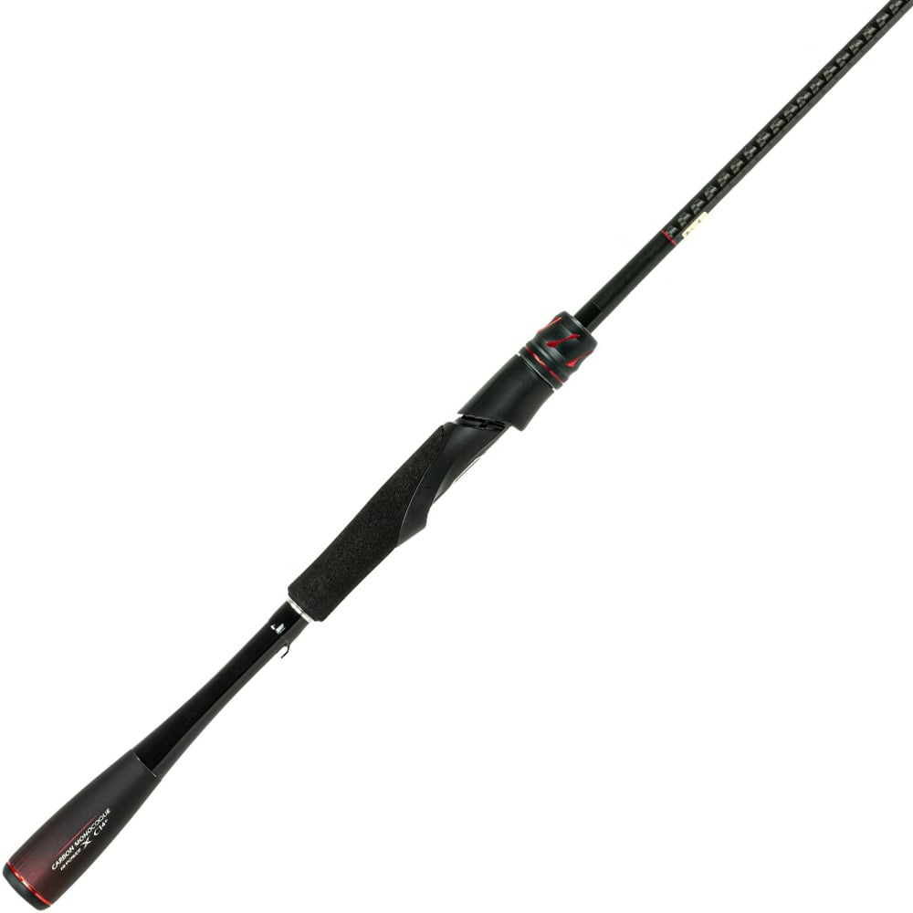 The Shimano Zodias 7'6" Medium Spinning Rod (ZDS76MA) features a black design with red accents, a foam grip handle, lightweight slim build, and Hi-Power X for enhanced strength. Displayed diagonally on a white background.