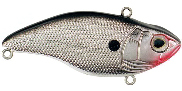 The Spro Aruku Shad Lipless Crankbaits by SPRO is a silver and black fish-shaped lure with a realistic scale texture, large eye, and small black spot. It has three metal rings for attaching Gamakatsu treble hooks or line.