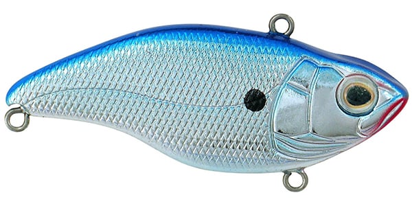 Explore the SPRO Aruku Shad Lipless Crankbaits: a fish-shaped lure with shimmering blue top, silver sides, bold red mouth accents, textured scales, a large eye, and equipped with Gamakatsu treble hooks and metal rings for secure attachment.