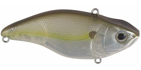 The SPRO Aruku Shad Lipless Crankbait, by SPRO, is a lifelike fish-shaped lure with a shiny, translucent gray and yellow gradient body. It has three metal loops for fishing line attachment and is equipped with Gamakatsu treble hooks.