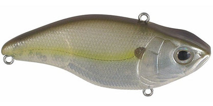 The SPRO Aruku Shad Lipless Crankbait is a shiny, silver and olive-green fish-shaped lure with a textured surface, realistic eye, three attachment loops, and Gamakatsu treble hooks, ideal for precision angling.