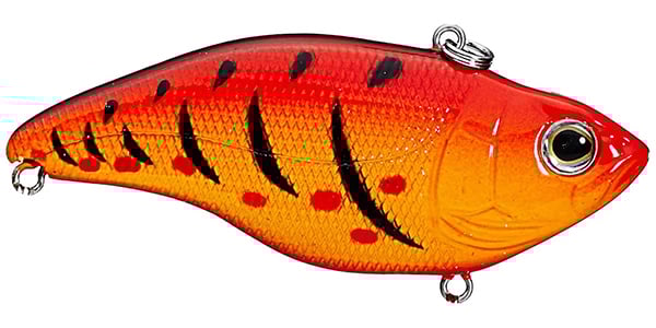 The SPRO Aruku Shad Lipless Crankbait is a fish-shaped lure with bright orange and red gradient, black stripes and spots, metallic eyes, and durable Gamakatsu treble hooks for your fishing adventures.