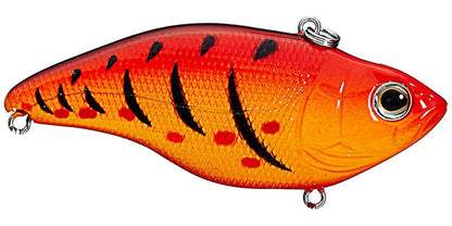 The SPRO Aruku Shad Lipless Crankbaits flaunts a fish-like design with a vibrant red-to-orange gradient, black stripes, and spots. Its shiny, textured finish pairs seamlessly with Gamakatsu treble hooks and features metal loops at the head and tail for easy attachment.