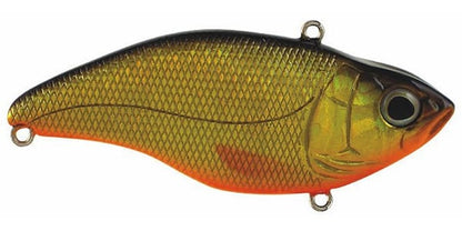 The Spro Aruku Shad Lipless Crankbait by SPRO is a gold-orange fish-shaped lure with realistic scales and a black eye, designed with two metal loops for fishing lines and equipped with Gamakatsu treble hooks for optimal catch.