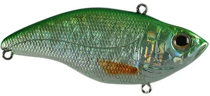 The Spro Aruku Shad Lipless Crankbait by SPRO is a shiny, fish-shaped lure with a green top, silver-scaled body, and realistic eye. It features Gamakatsu treble hooks and loops for line attachment at both ends.