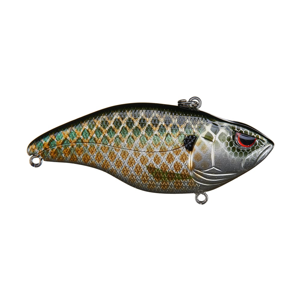 The Spro Aruku Shad Lipless Crankbait by SPRO features a dark back with vibrant orange and green scales, a silver belly, and a detailed face with striking red eyes. It's equipped with durable Gamakatsu treble hooks for effective catch securing.
