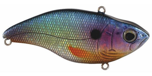 The SPRO Aruku Shad Lipless Crankbait is a multicolored, shiny lure with a dark back transitioning through blue, purple, and orange hues. Shaped like a small fish, it features an eye near the head and includes three fishing line loops with Gamakatsu treble hooks for top performance.