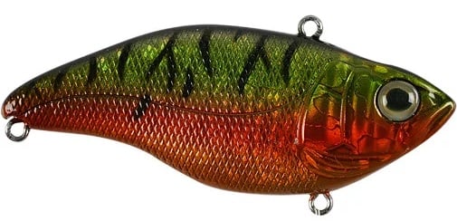 The SPRO Aruku Shad Lipless Crankbait features a green and orange body with black stripes, lifelike eye, and textured scale pattern. It includes metal loops for Gamakatsu treble hooks, offering an irresistible catch.