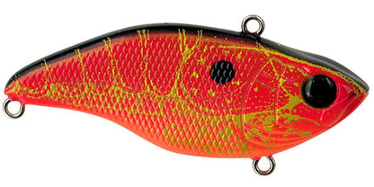 The SPRO Aruku Shad Lipless Crankbait is a vibrant fishing lure with a red and yellow body, black head, and scales. It includes metal loops for line attachment and Gamakatsu treble hooks.