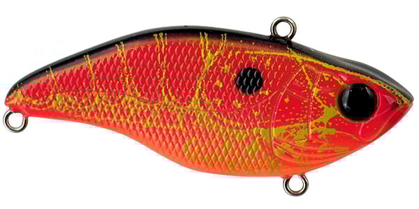 The SPRO Aruku Shad Lipless Crankbaits feature a vibrant fish-shaped design with a red-orange scale pattern, black accents, and two silver loops for fishing line attachment. Equipped with Gamakatsu treble hooks, these are crafted for ultimate catching efficiency.