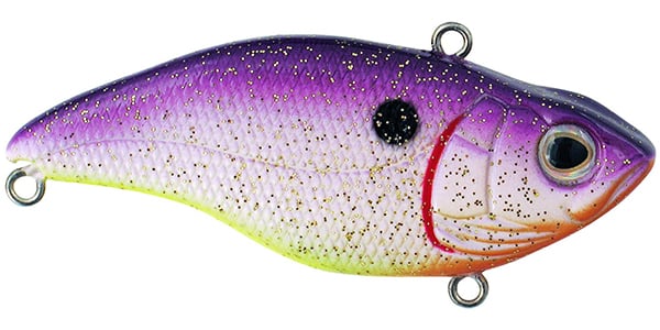 The SPRO Aruku Shad Lipless Crankbaits mimic fish with a purple and white gradient body, black speckles, red gill accents, large eye, and metal rings. It's optimized with Gamakatsu treble hooks for enhanced performance.