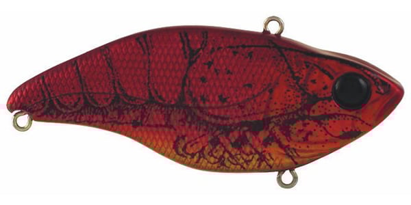 The SPRO Aruku Shad Lipless Crankbait by Spro features a detailed scale pattern, red and orange fish shape, and black eye. It's equipped with three metal loops for fishing line attachment and pairs well with Gamakatsu treble hooks for better catches.