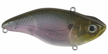 The SPRO Aruku Shad Lipless Crankbait has a fish shape with a dark green back and translucent body with metallic purple undertones. It features detailed scales, lifelike eyes, and Gamakatsu treble hooks, making it ideal for any angler.