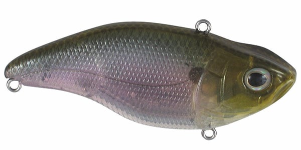The SPRO Aruku Shad Lipless Crankbait features a fish-shaped design with a greenish-brown back, shiny scaled body with purple hues, three attachment rings, sharp Gamakatsu treble hooks, and a large eye for realistic appeal.