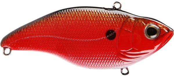 The SPRO Aruku Shad Lipless Crankbaits are red and black, fish-shaped lures with a shiny finish, realistic eyes, and textured scales. They feature a black dot near the gills and metal loops for secure attachment with Gamakatsu treble hooks.