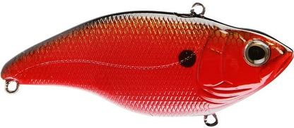 The SPRO Aruku Shad Lipless Crankbaits feature a red and black fish shape with a glossy finish and detailed scales. Equipped with prominent eyes and metal rings, they are ideal for attaching Gamakatsu treble hooks to attract your next big catch.