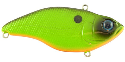 The Spro Aruku Shad Lipless Crankbait by SPRO features a textured fish-like design in vibrant green and orange, a large blue eye, metallic attachment loops, and is equipped with Gamakatsu treble hooks for an enhanced fishing experience.