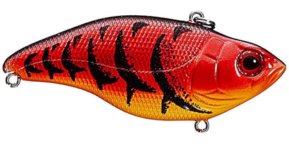 The SPRO Aruku Shad Lipless Crankbaits is a vibrant, fish-shaped lure with a colorful pattern of red, orange, and yellow featuring vertical black stripes and equipped with sharp Gamakatsu treble hooks for superior performance.